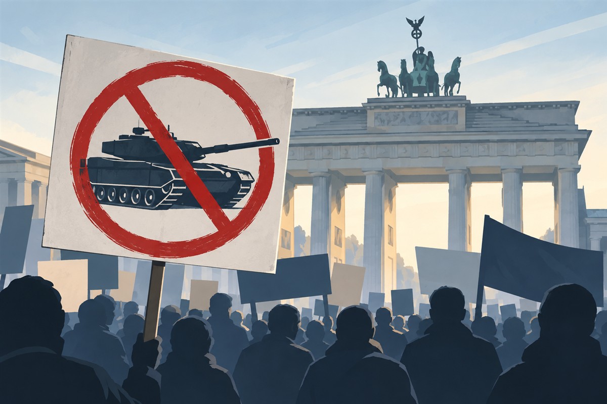 Transparent eines Panzers bei einer Kundgebung gegen deutsche Rüstungsexporte vor dem Brandenburger Tor