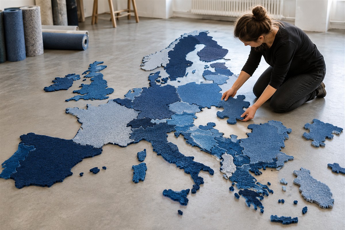 Where does Europe end? Artist Joy Lohmann completes a Europe-shaped puzzle made of carpet pieces.