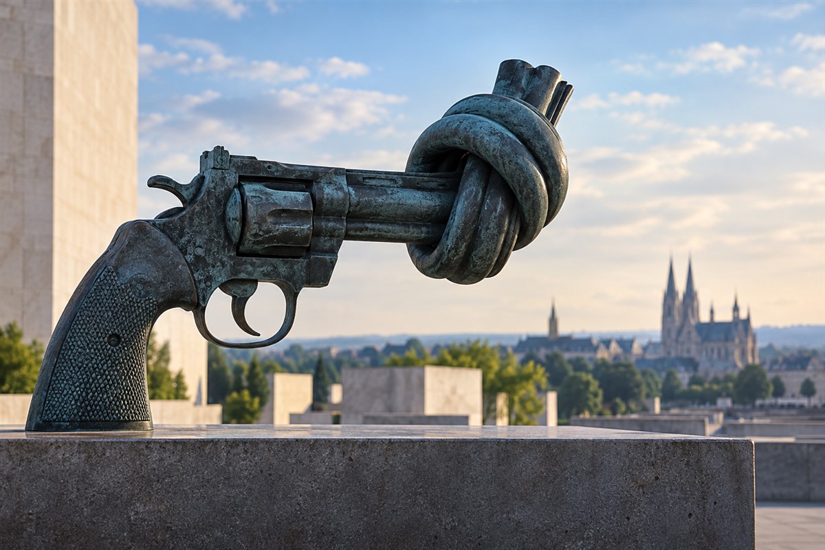 Deutschland eine Friedensmacht mit Hindernissen. Skulptur "Non Violence" von Carl Fredrik Reuterswaerd als Friedensdenkmal in Caen, Frankreich.