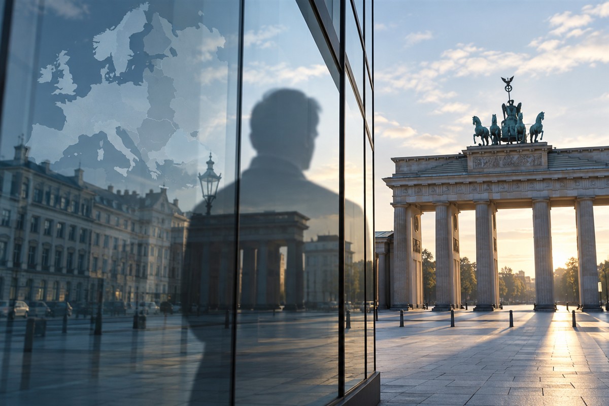 Was sieht Deutschland im Spiegel? Reflexion in einem fenster am Pariser Platz, Berlin.
