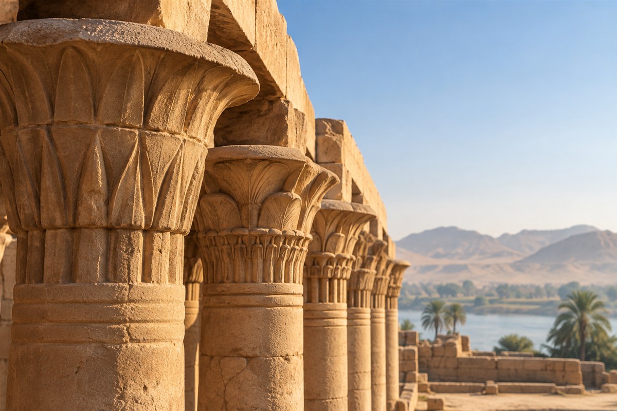Was sind die Grundpfeiler der deutschen Außenpolitik? Reihe von Säulenköpfen in Ägypten.