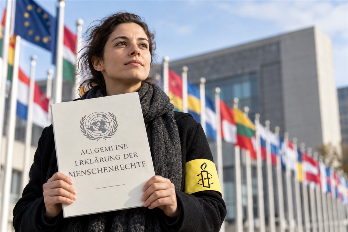 Amnesty International activist holding the Universal Declaration of Human Rights