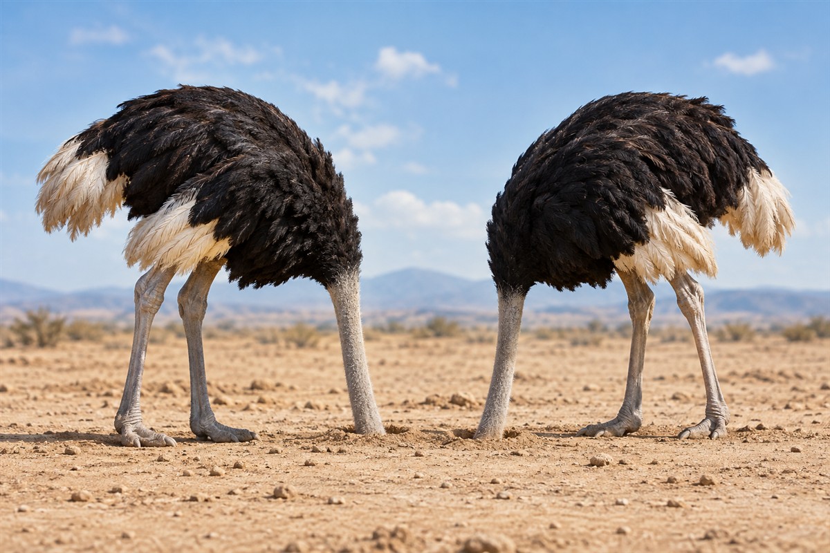 Shirking responsibility? Two ostriches bury their heads in the sand (staged photo)