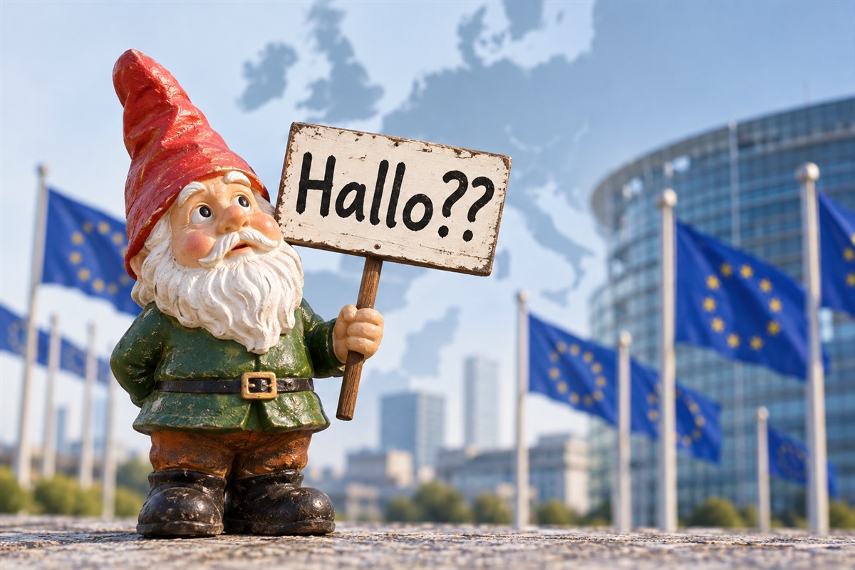 Deutschland nur noch ein Zwerg? Gartenzwerg hält Schild mit der Aufschrift "Hallo??"