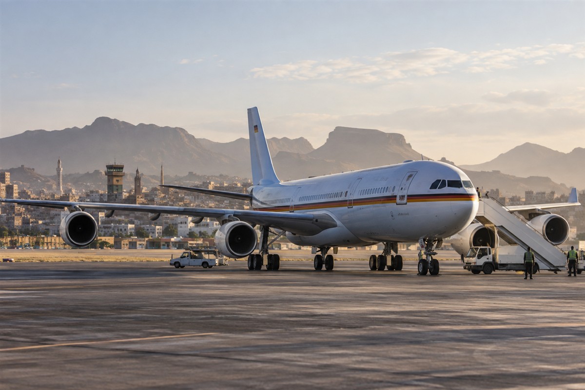 Airbus 340 der deutschen Luftwaffe auf dem Flugfeld in Sanaa, Jemen