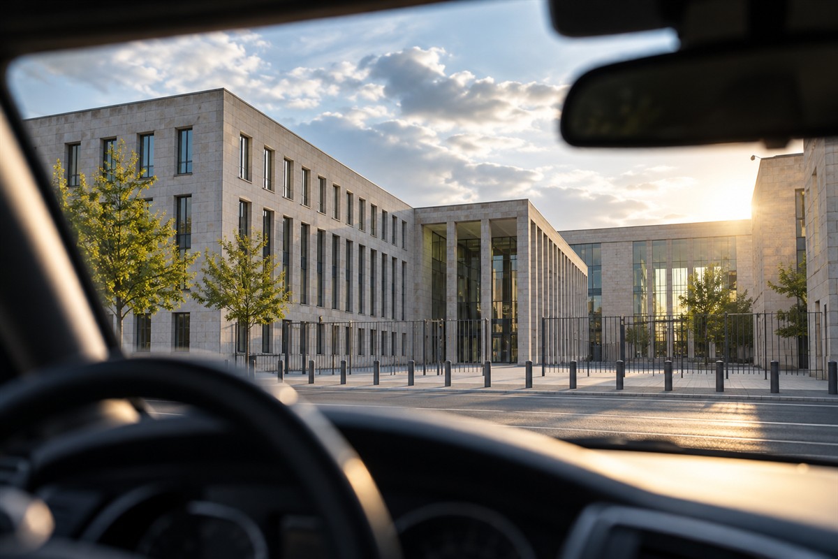 Wie klar und berechenbar ist die deutsche Außenpolitik? Blick durch eine Autoscheibe auf das Auswärtige Amt. 