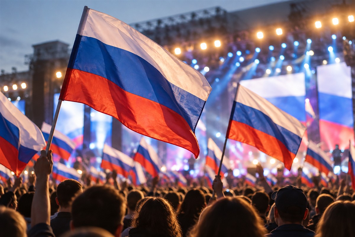 Russland-Fahnen bei einem Konzert in Moskau